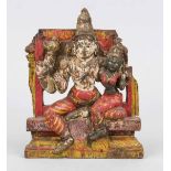 Wood carving with deities, India early 20th century, wood polychrome painted. Open-worked,