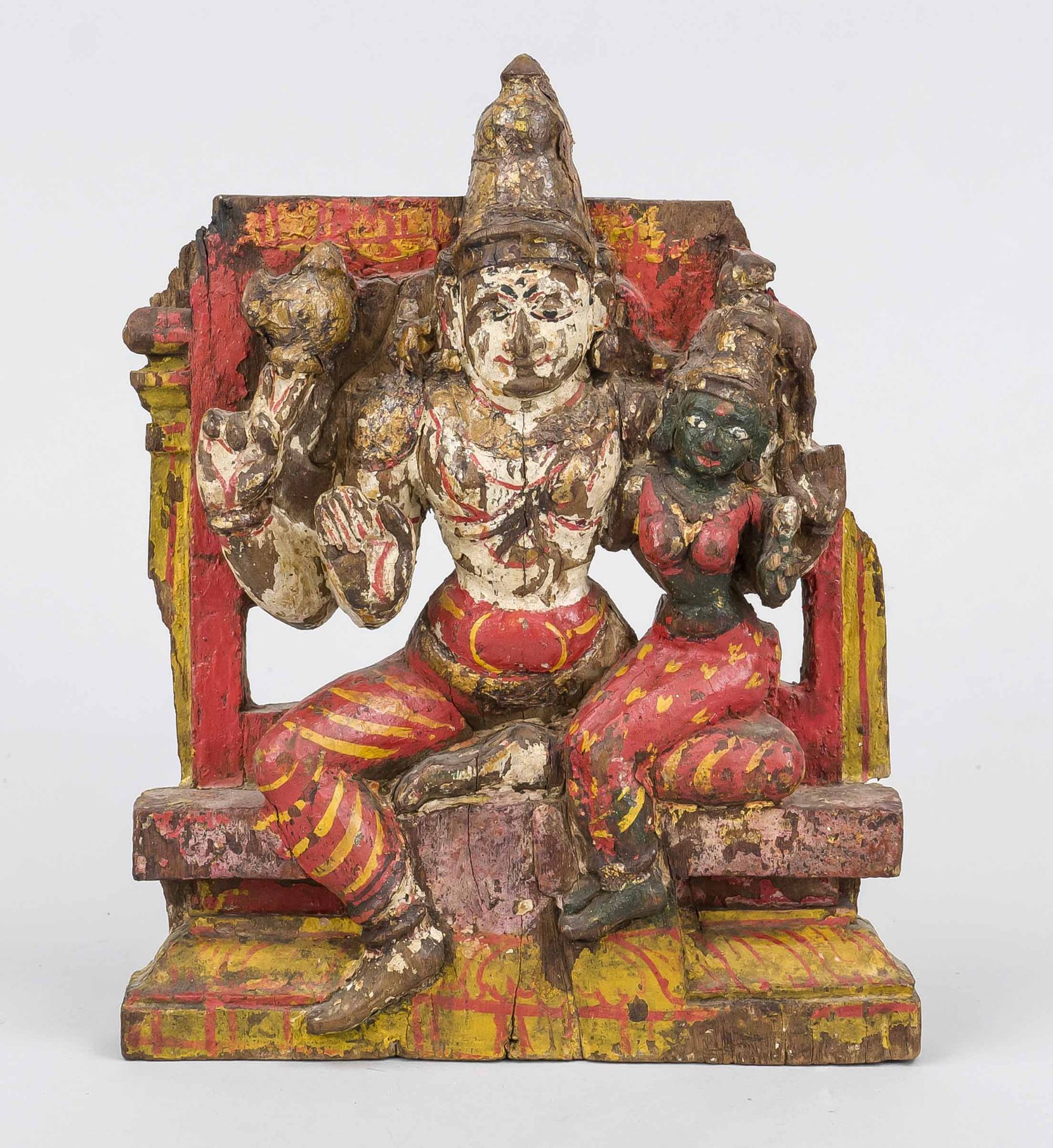 Wood carving with deities, India early 20th century, wood polychrome painted. Open-worked,