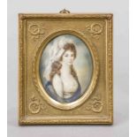 Miniature, 19th century, polychrome tempera painting on bone plate, unopened, oval portrait of Queen