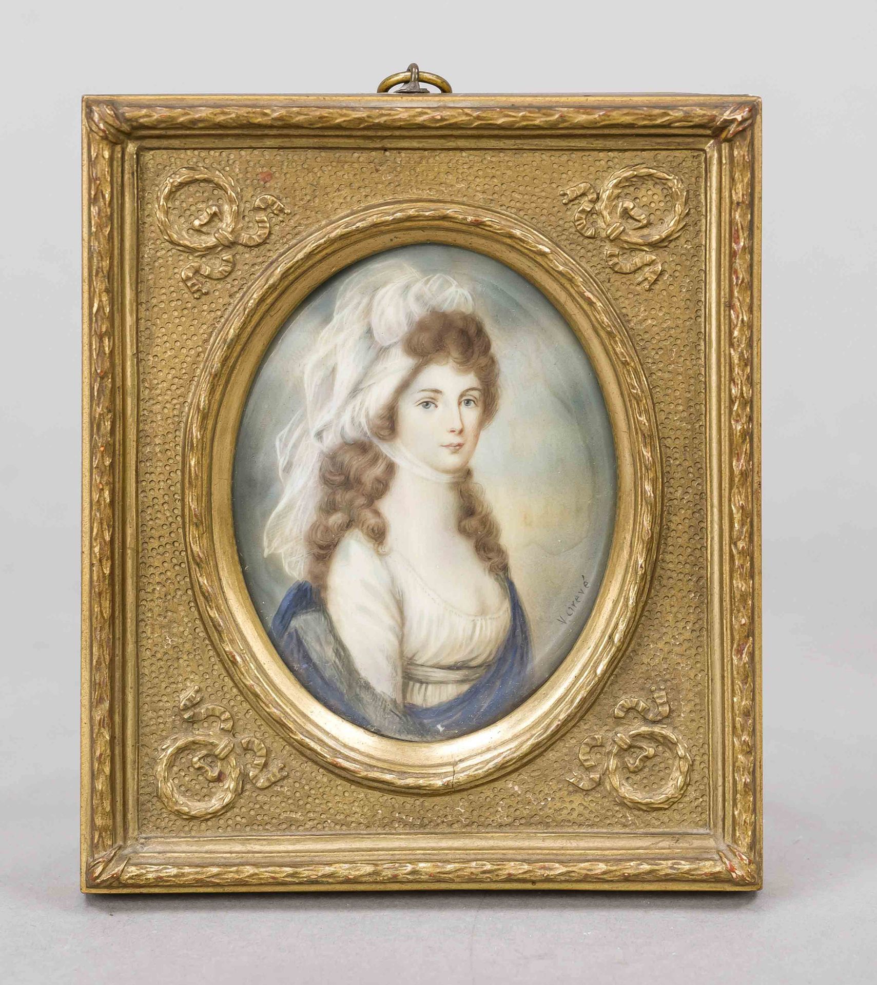 Miniature, 19th century, polychrome tempera painting on bone plate, unopened, oval portrait of Queen