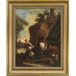 German artist of the 18th century, bucolic scene in a rocky landscape, oil on canvas, unsigned,