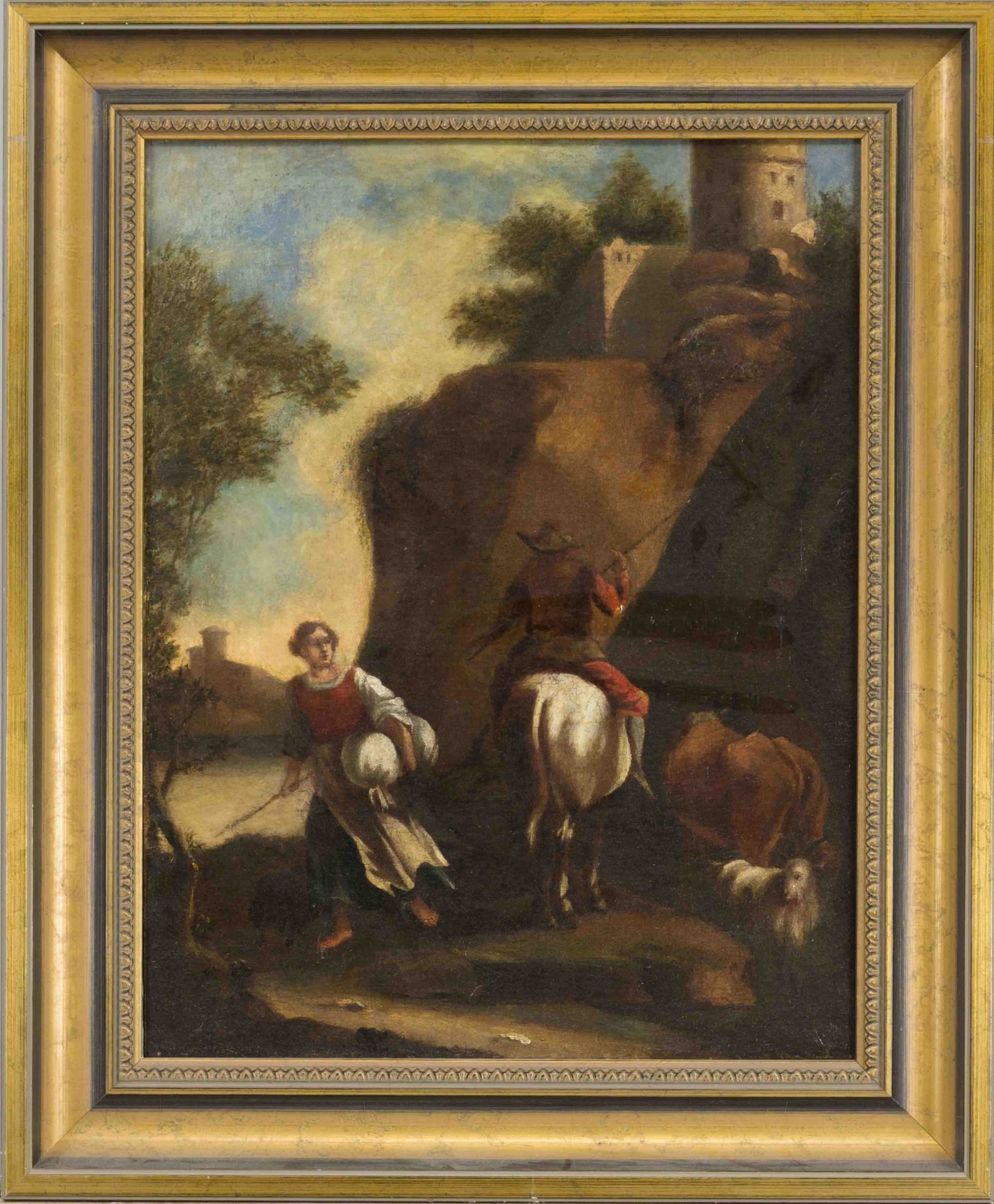 German artist of the 18th century, bucolic scene in a rocky landscape, oil on canvas, unsigned,