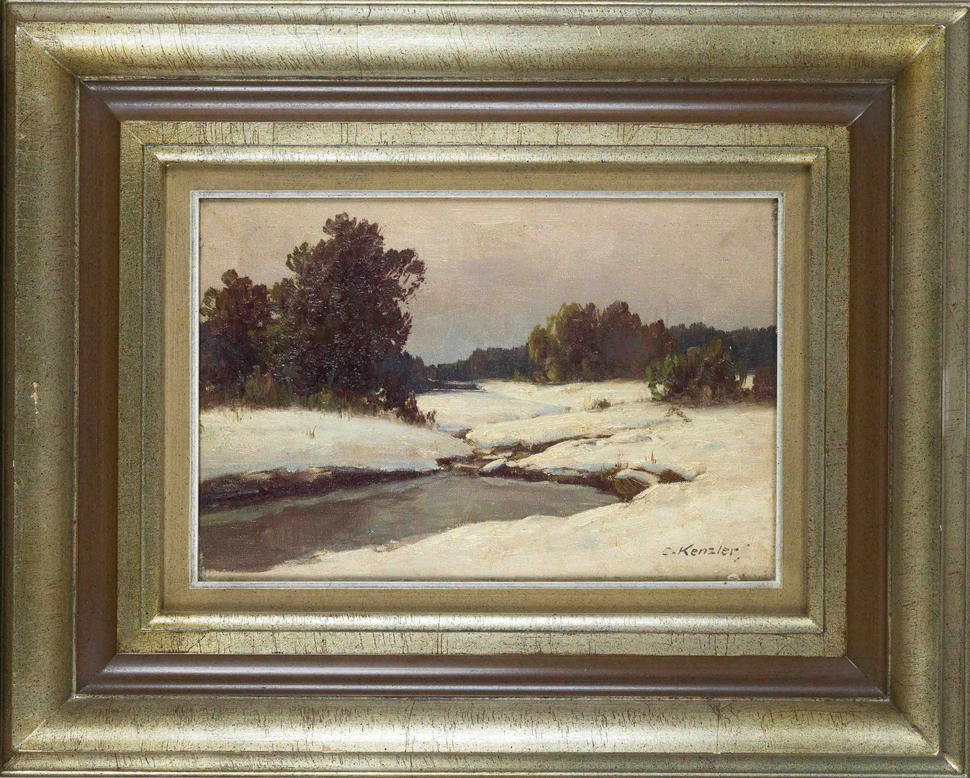 Carl Kenzler (1872-1947), Berlin landscape painter, Snowy landscape with river, oil on canvas,