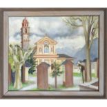 Willy Fries (1881-1965), Swiss view of the church of San Lorenzo in Losone, oil on plywood,