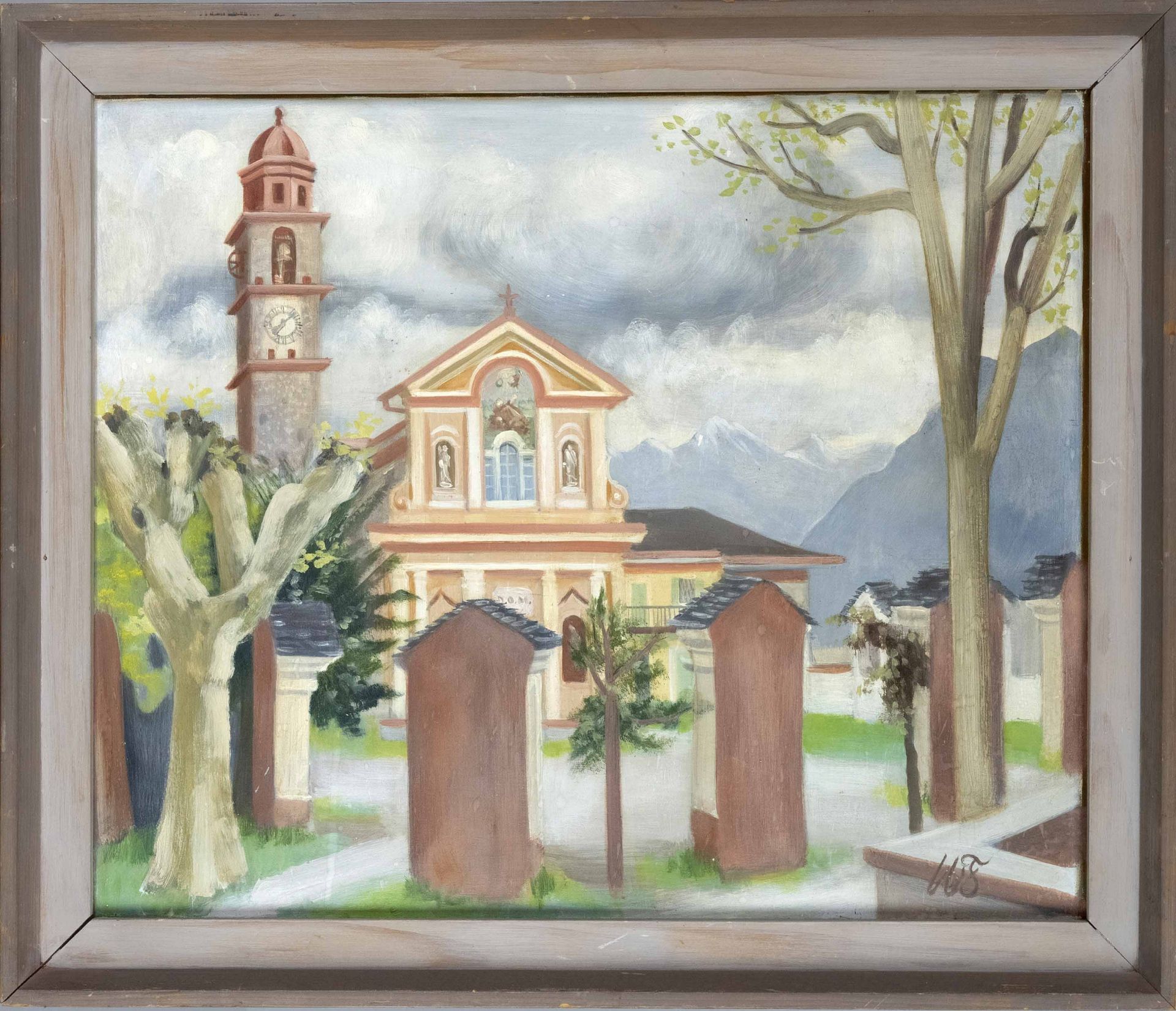 Willy Fries (1881-1965), Swiss view of the church of San Lorenzo in Losone, oil on plywood,