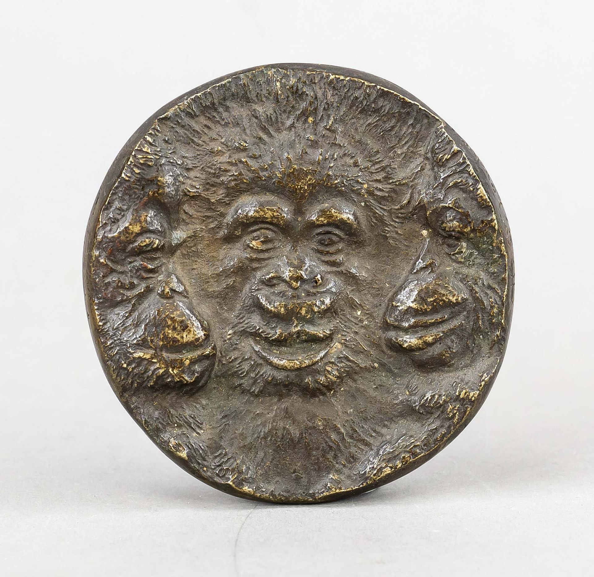 Bronze plaque with three monkeys, 19th/20th century, flat cast solid bronze. One monkey looking at