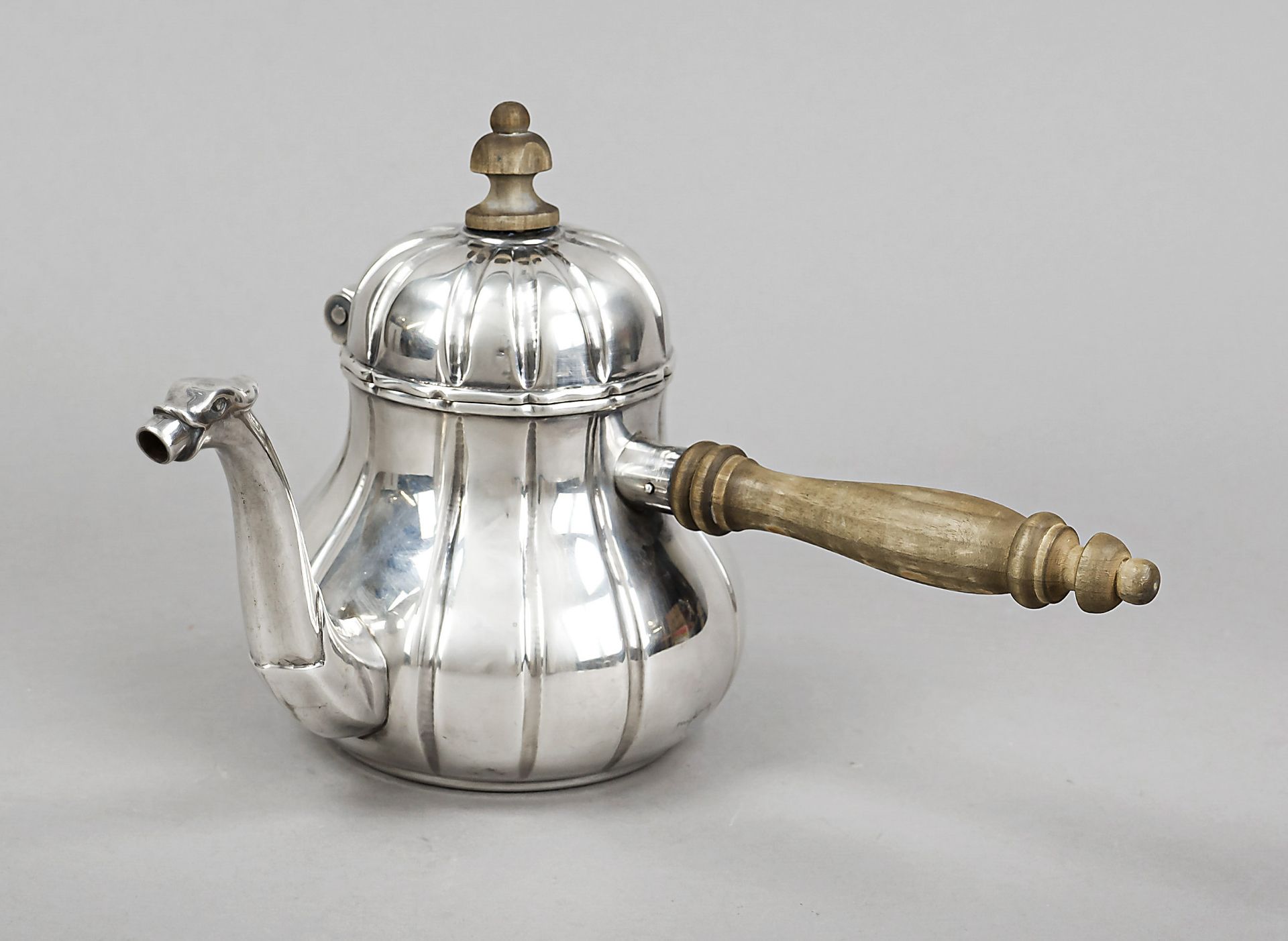 Chocolate jug, German, 1st half 20th century, silver 800/000, round base, bulbous body, figural