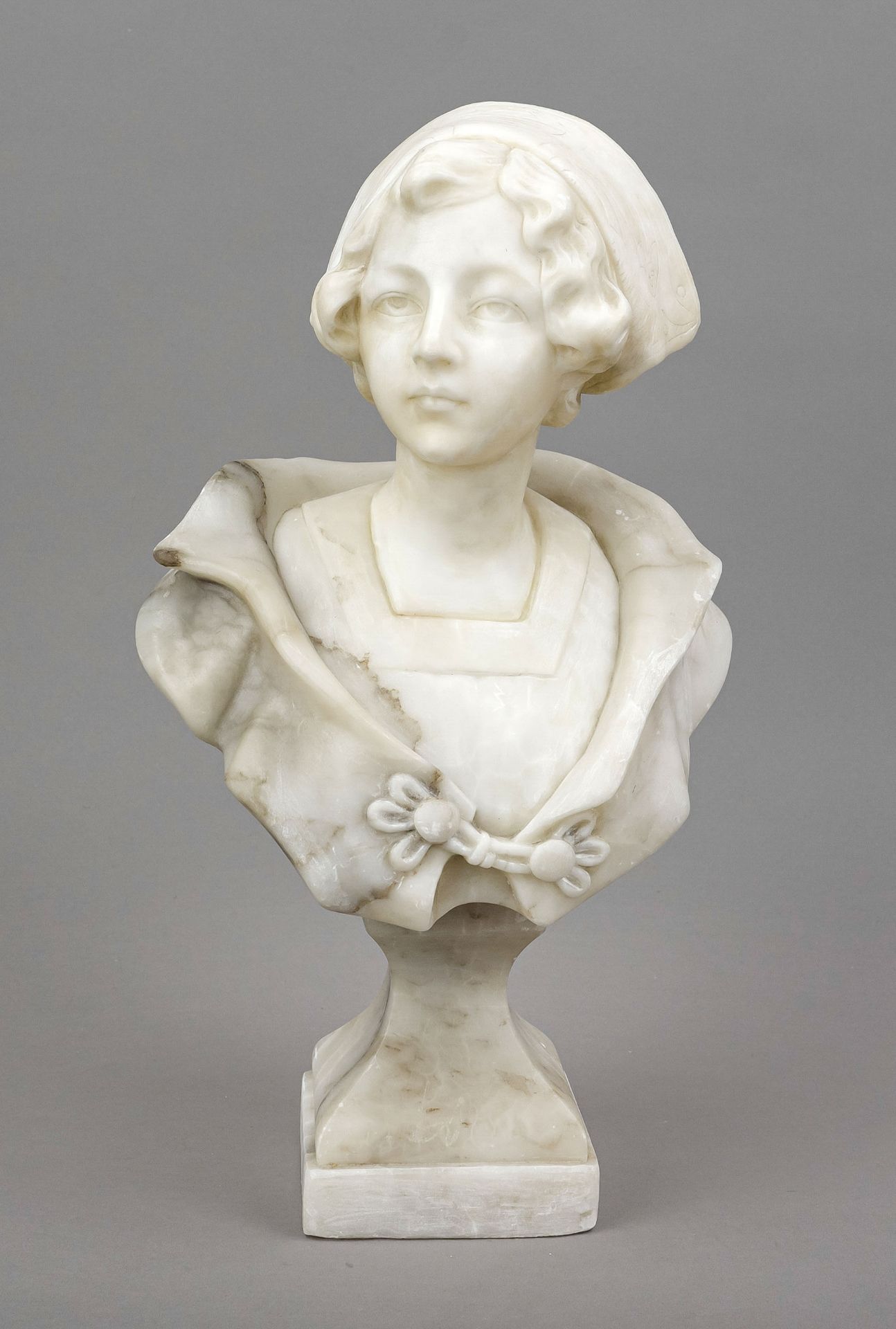 Alphonse Henri Nelson (1854-1919), bust of a girl with hat, alabaster, loosely mounted on an