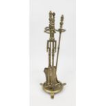 Fireplace set with stand, 19th/20th century, brass/bronze. Set consisting of shovel, tongs and