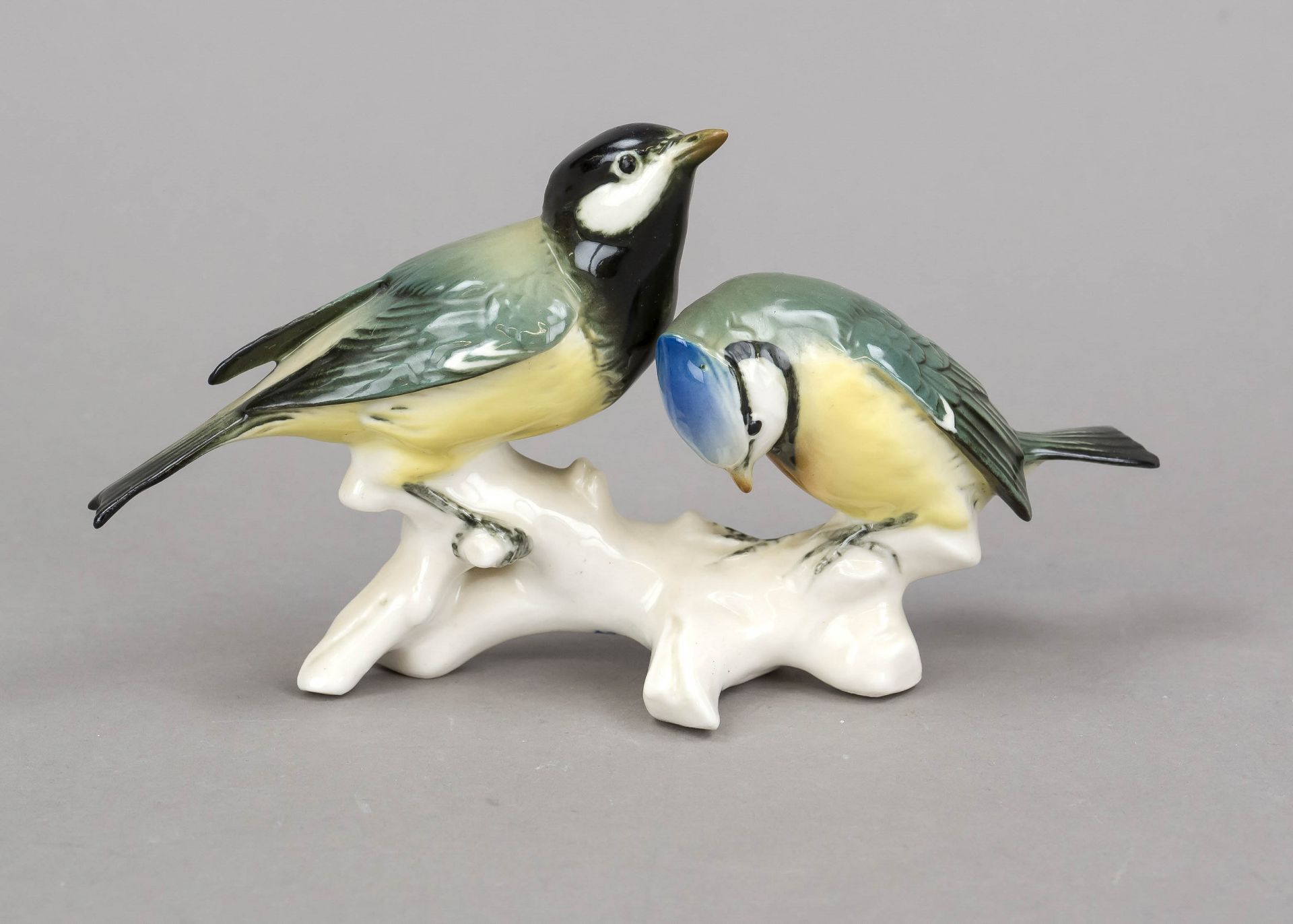 Pair of titmice, Ens, Volkstedt, Thuringia, 20th century, mill mark, 2 birds on a branch, polychrome