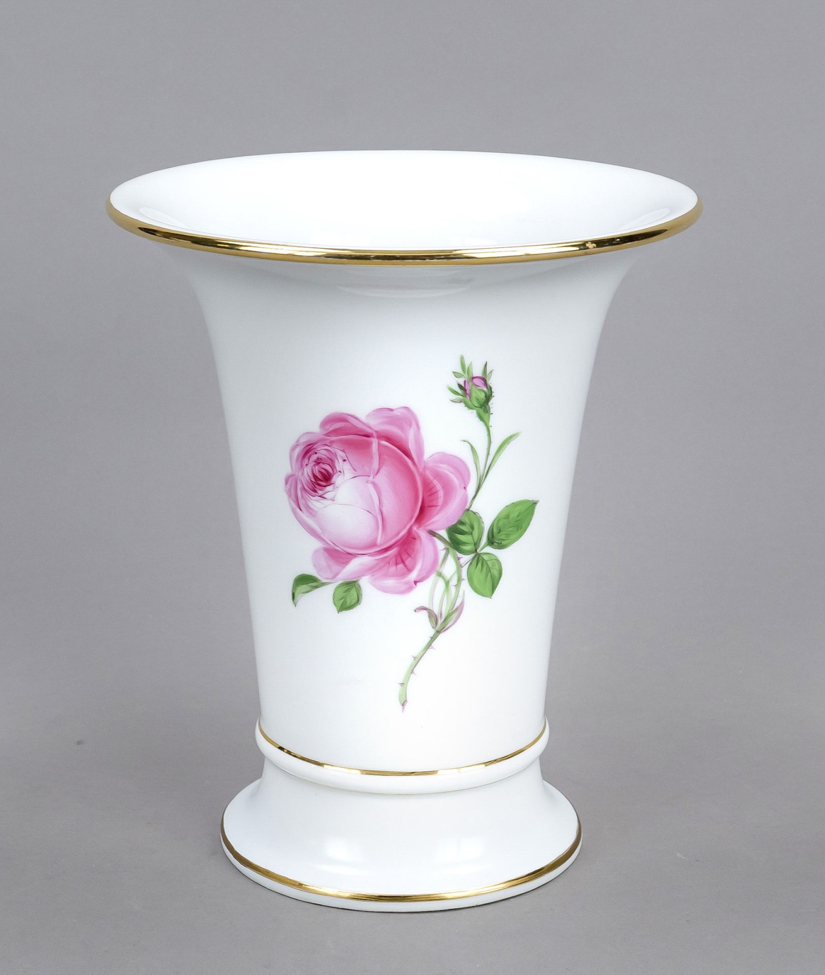 Trumpet vase, Meissen, mid-20th century, 1st choice, with painting, red rose and gold rims,
