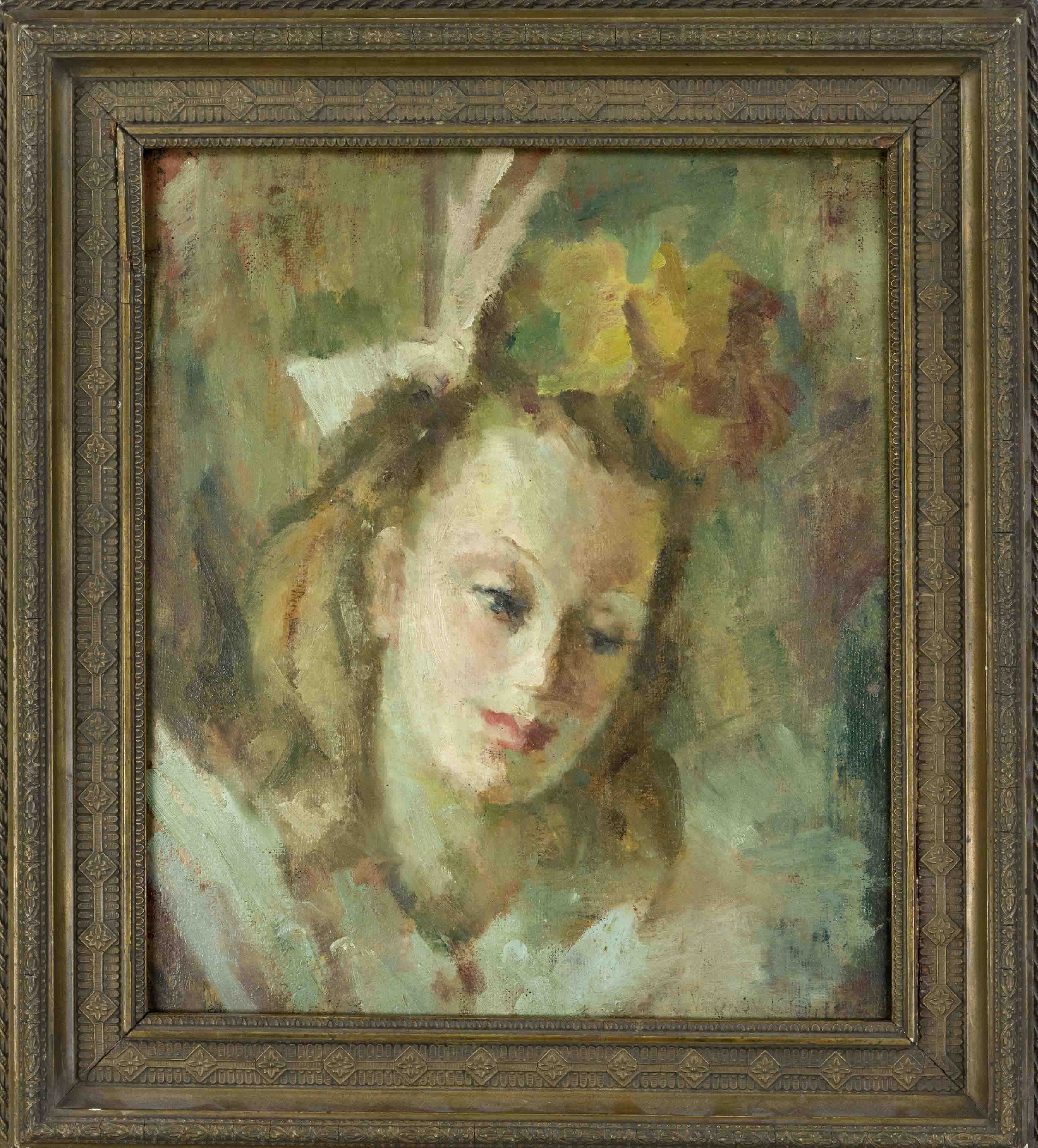 Anonymous Impressionist around 1900, Portrait of a girl with a bow in her hair, oil on canvas over