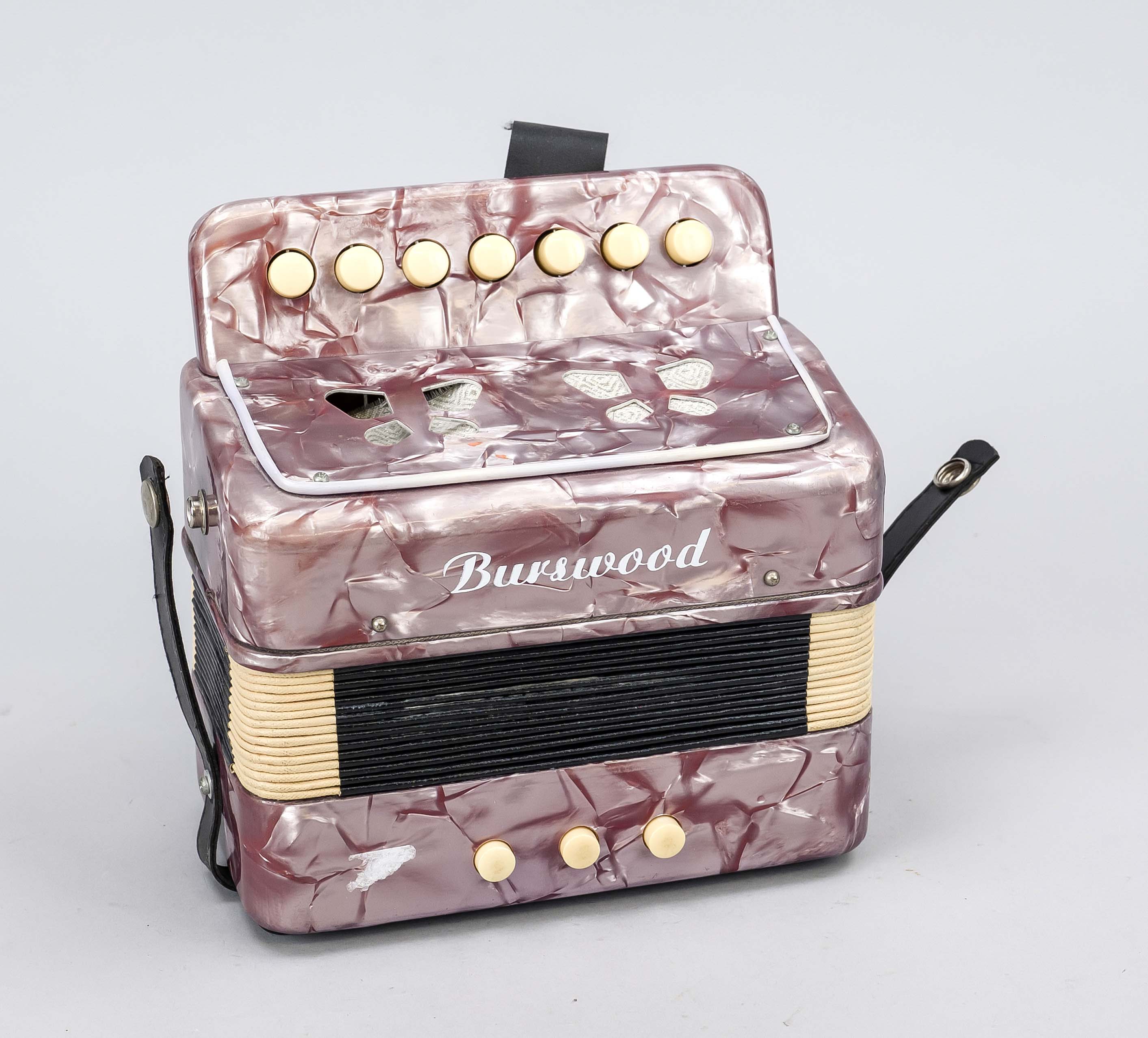 Small accordion, 20th century, marked ''Burswood'' on the body. Mother-of-pearl-like surface,