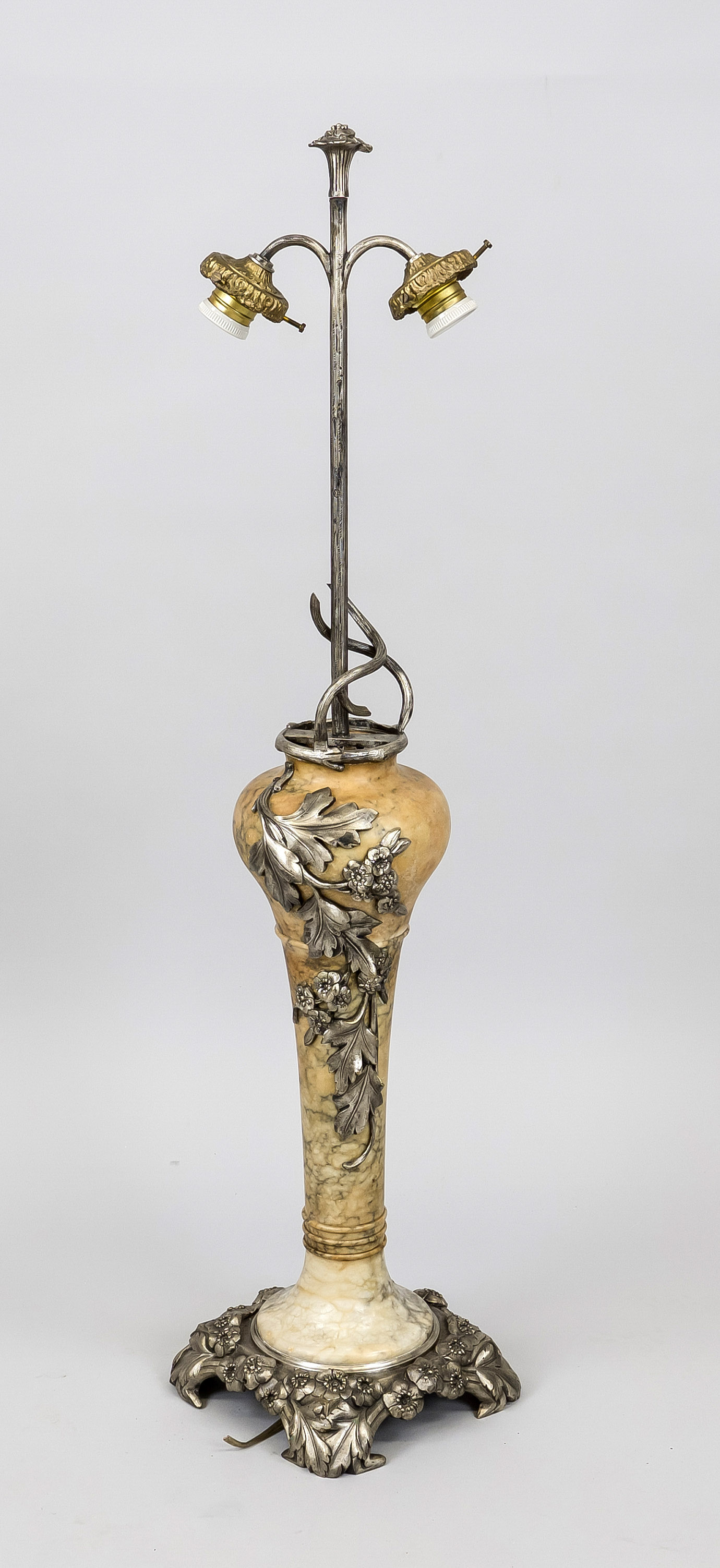 Table lamp, late 19th century, marble vase with metal mounting and floral application. Upper shaft