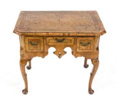 Side table, Queen Anne c. 1760, walnut with thread inlays, 3-tier body on curved legs, original