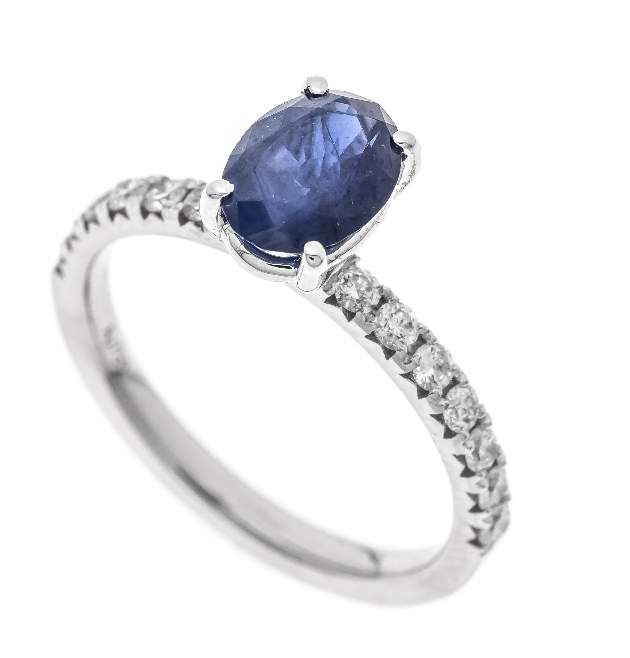 Sapphire-brilliant ring WG 750/000 with an oval faceted sapphire 1.57 ct in a luminous blue,