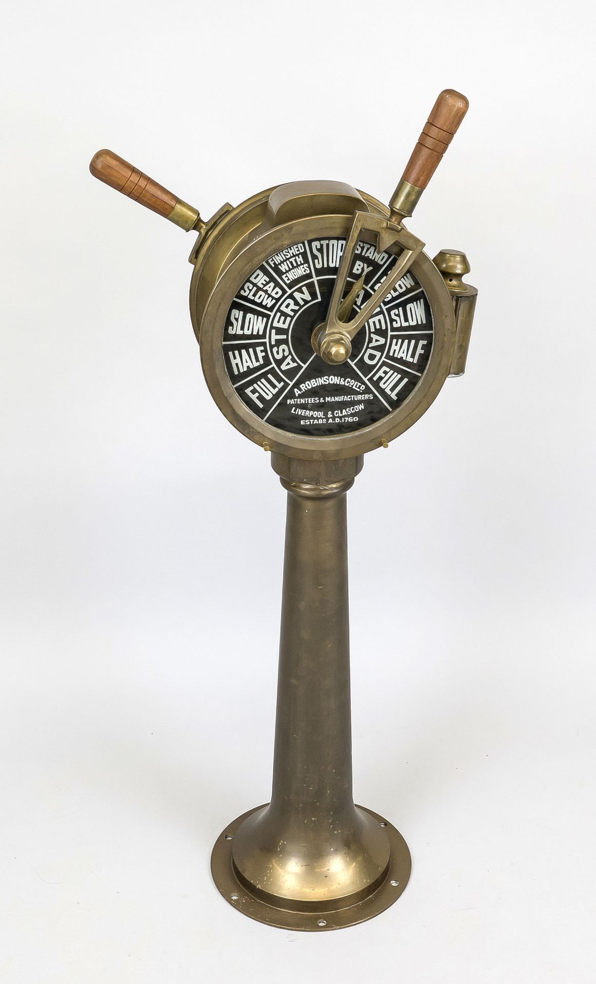 Machine telegraph for a ship, 19th/20th century, brass/bronze, glass, turned wood handles. Inscribed