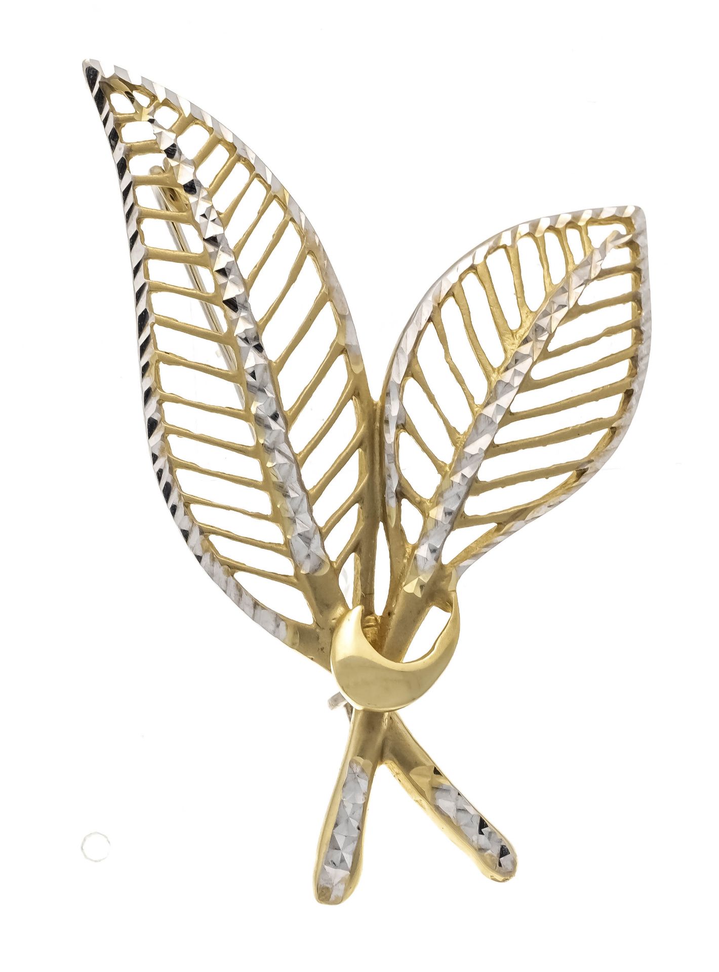 Filigree leaf brooch GG/WG 585/000 yellow gold partially matted, white gold diamond-set, l. 50 mm,