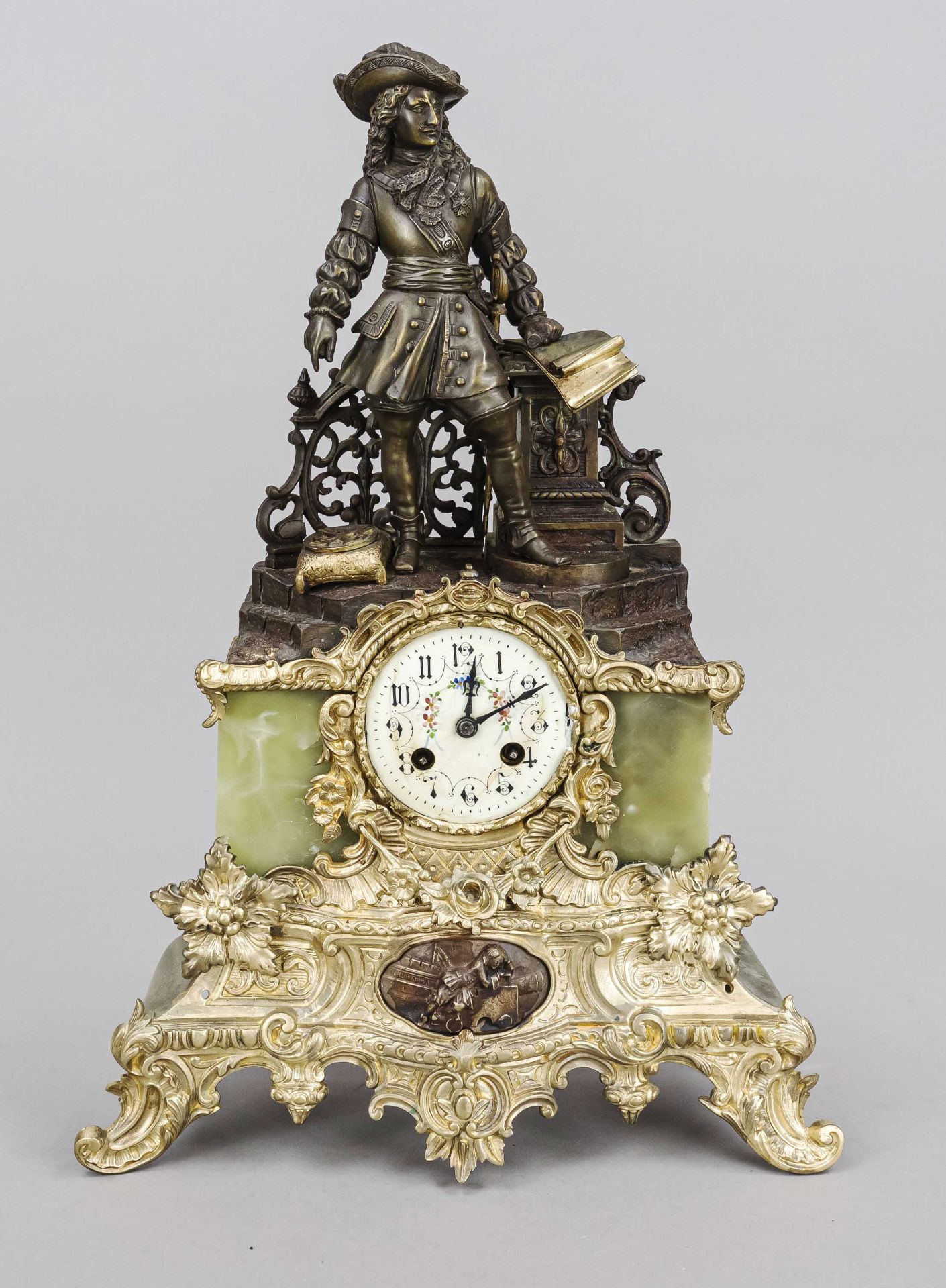 French, bronze figural pendulum, 2nd half 19th century, scholar with book leaning on railing,