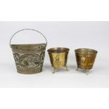 Mixed brass, 19th century, 2 x cachepot on paw feet, 1 x bucket with embossed decoration, h. up to