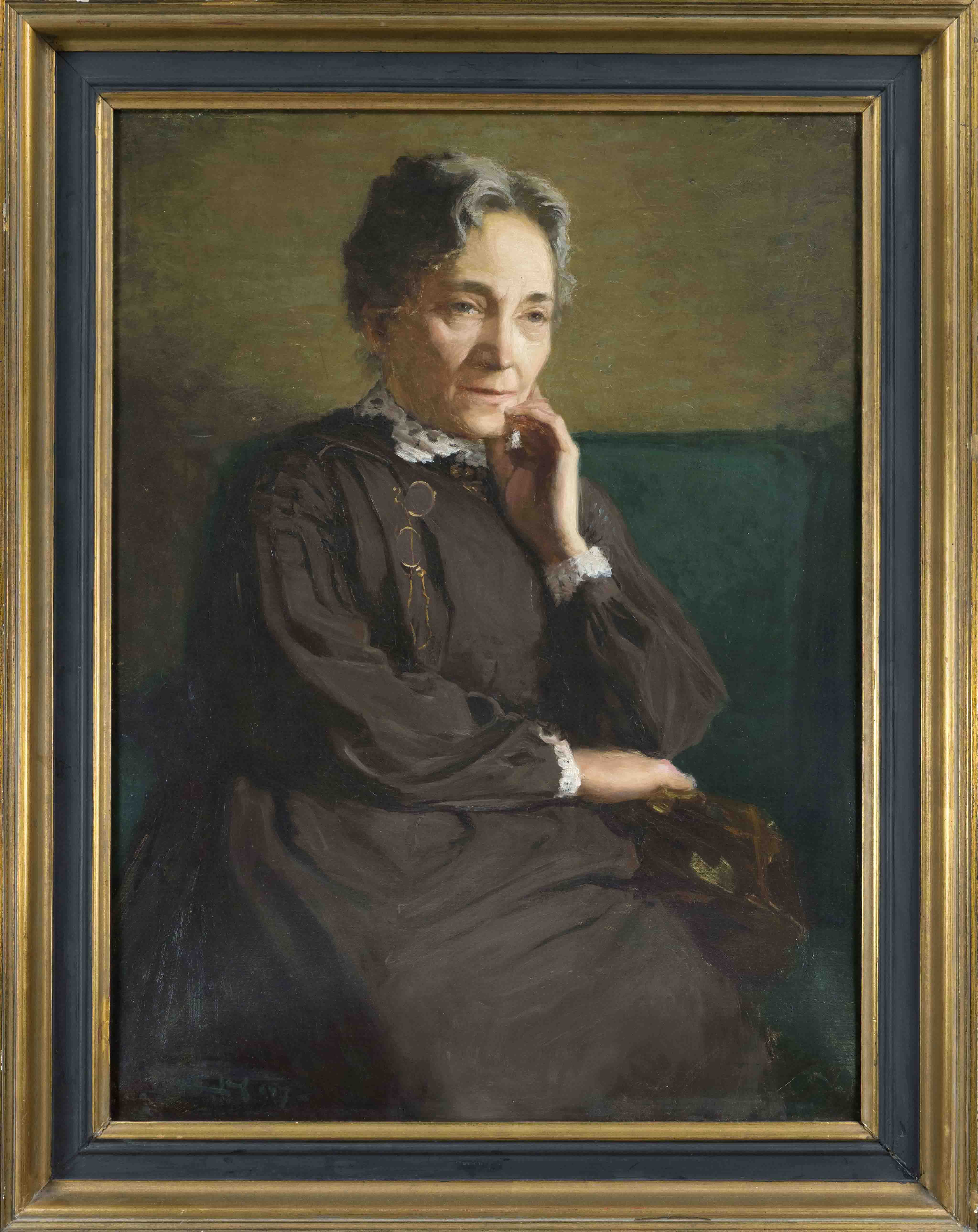 Portrait painter c. 1907, Portrait of an elderly woman in an armchair, oil on canvas, indistinctly