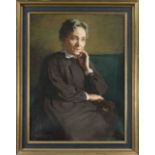Portrait painter c. 1907, Portrait of an elderly woman in an armchair, oil on canvas, indistinctly