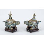 Pair of figural cloisonné censers with candlesticks, China 19th century (Qing). Open-worked lids,