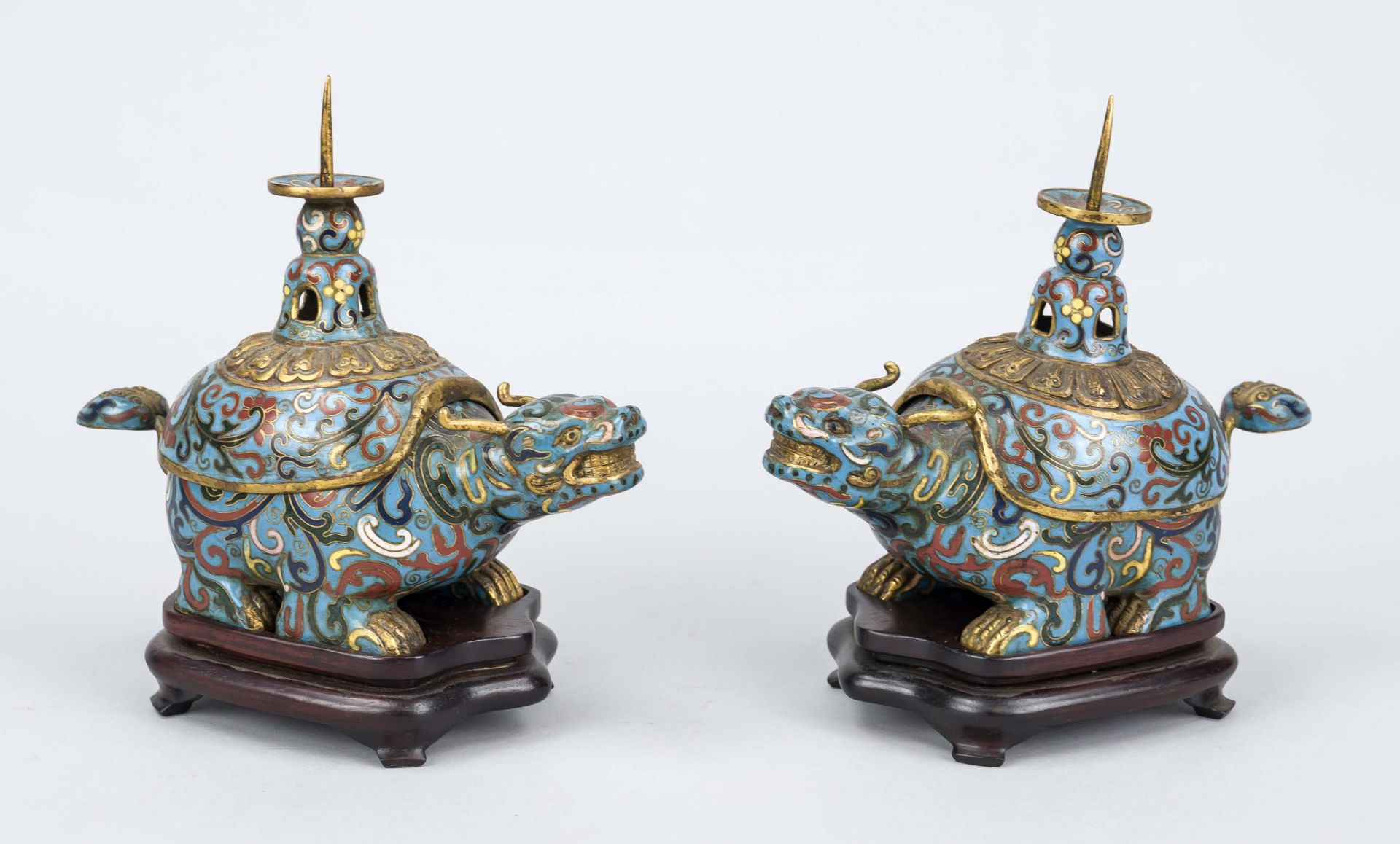 Pair of figural cloisonné censers with candlesticks, China 19th century (Qing). Open-worked lids,