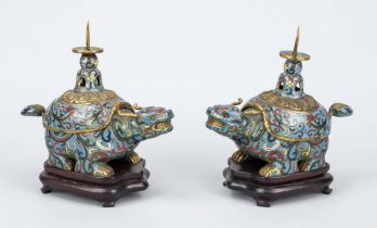 Pair of figural cloisonné censers with candlesticks, China 19th century (Qing). Open-worked lids,