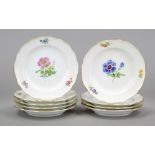 Nine bread plates, Meissen, after 1950, 1st and 2nd choice, shape new cut-out, polychrome flower