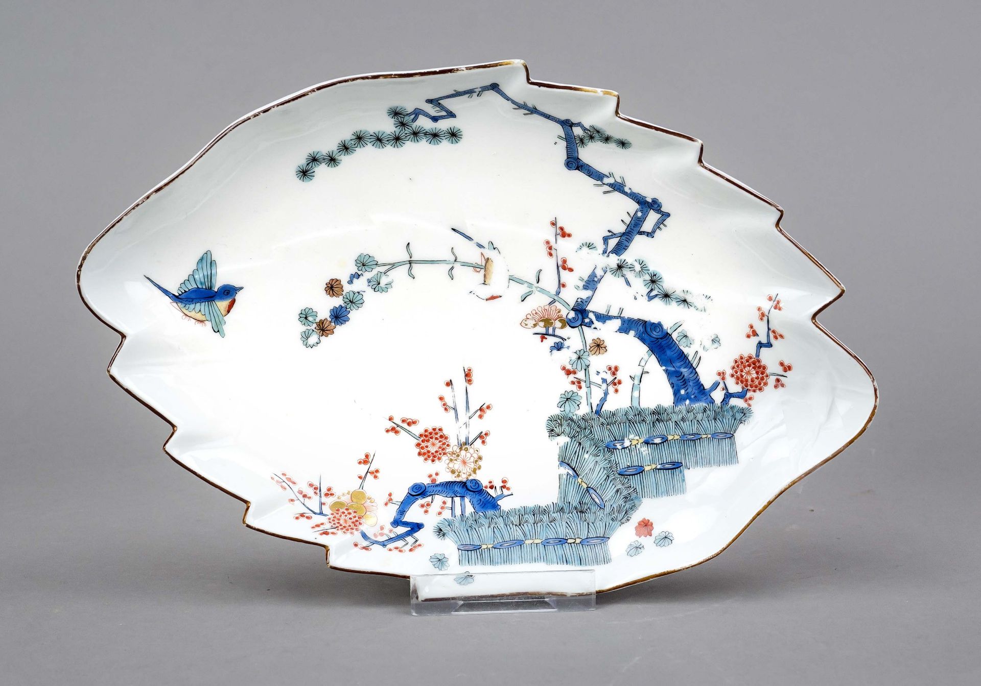 Leaf dish, Meissen 1740-55, 1st choice, polychrome painting in enamel colors, Indian kakiemon