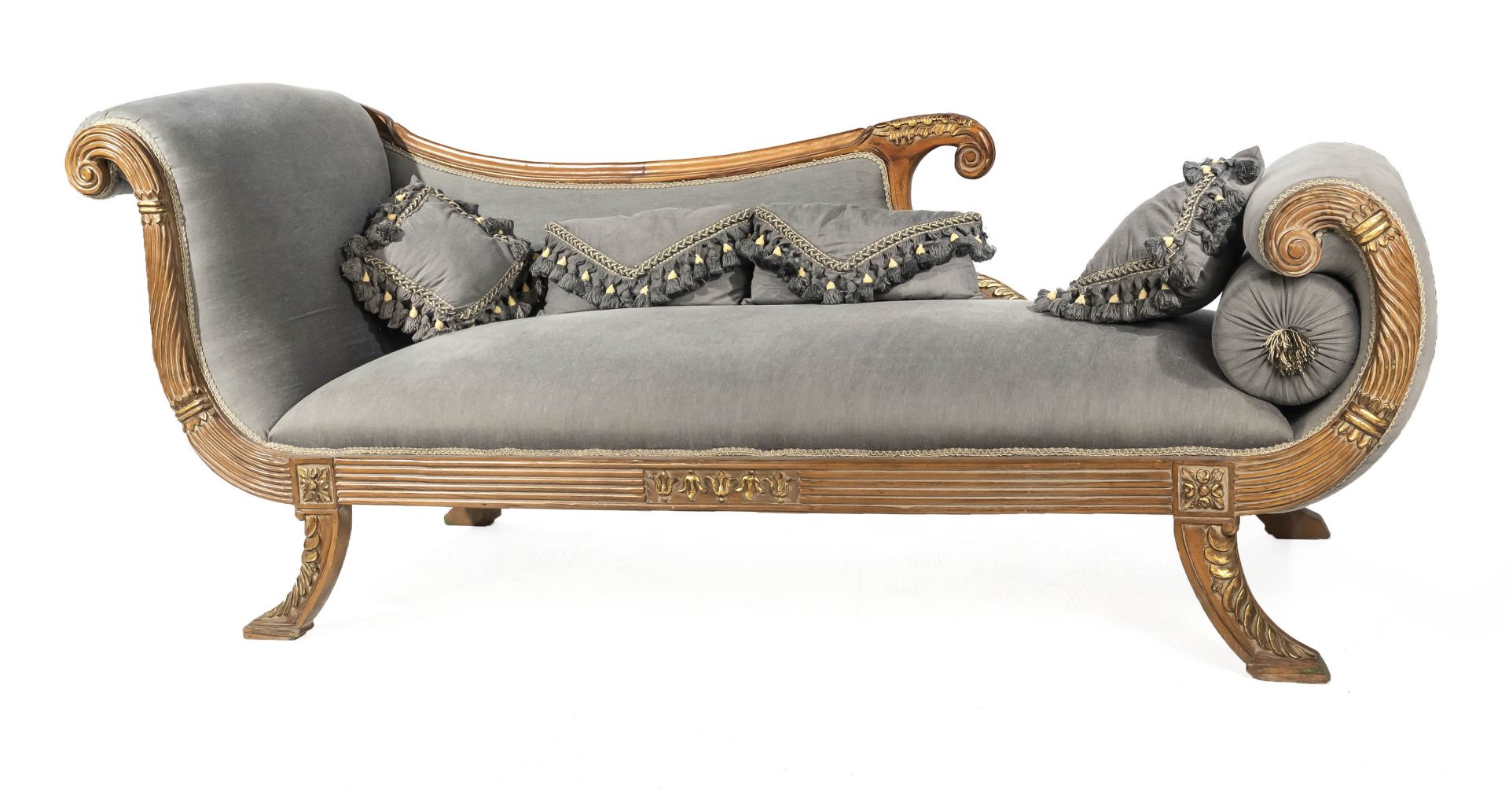 Decorative Empire-style chaise longue, late 20th century, solid beech, carved and partly gold-