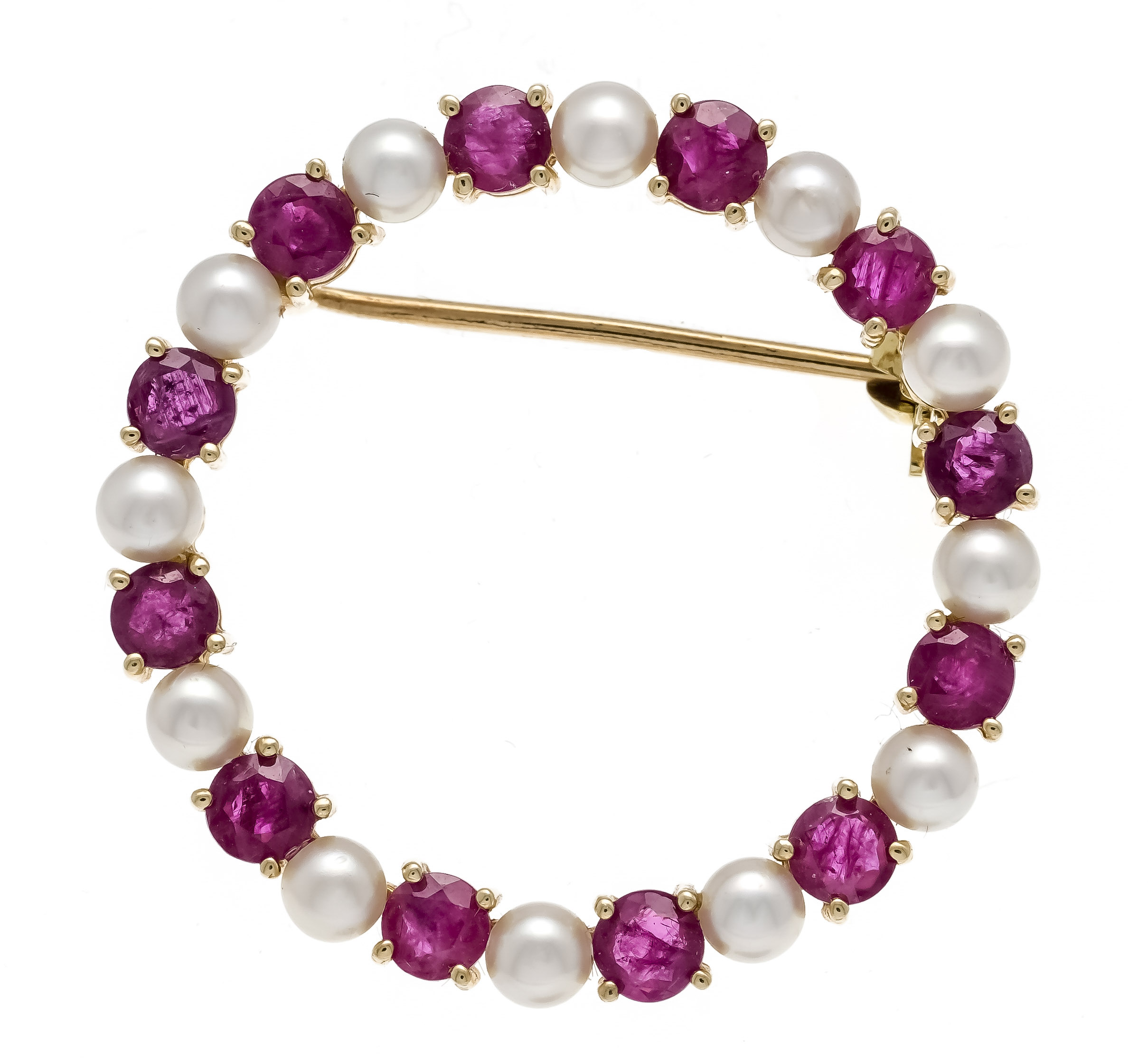 Ring brooch GG 585/000 with white Akoya pearls 3.2 mm and round faceted rubies 3.2 mm, d. 27.5 mm,