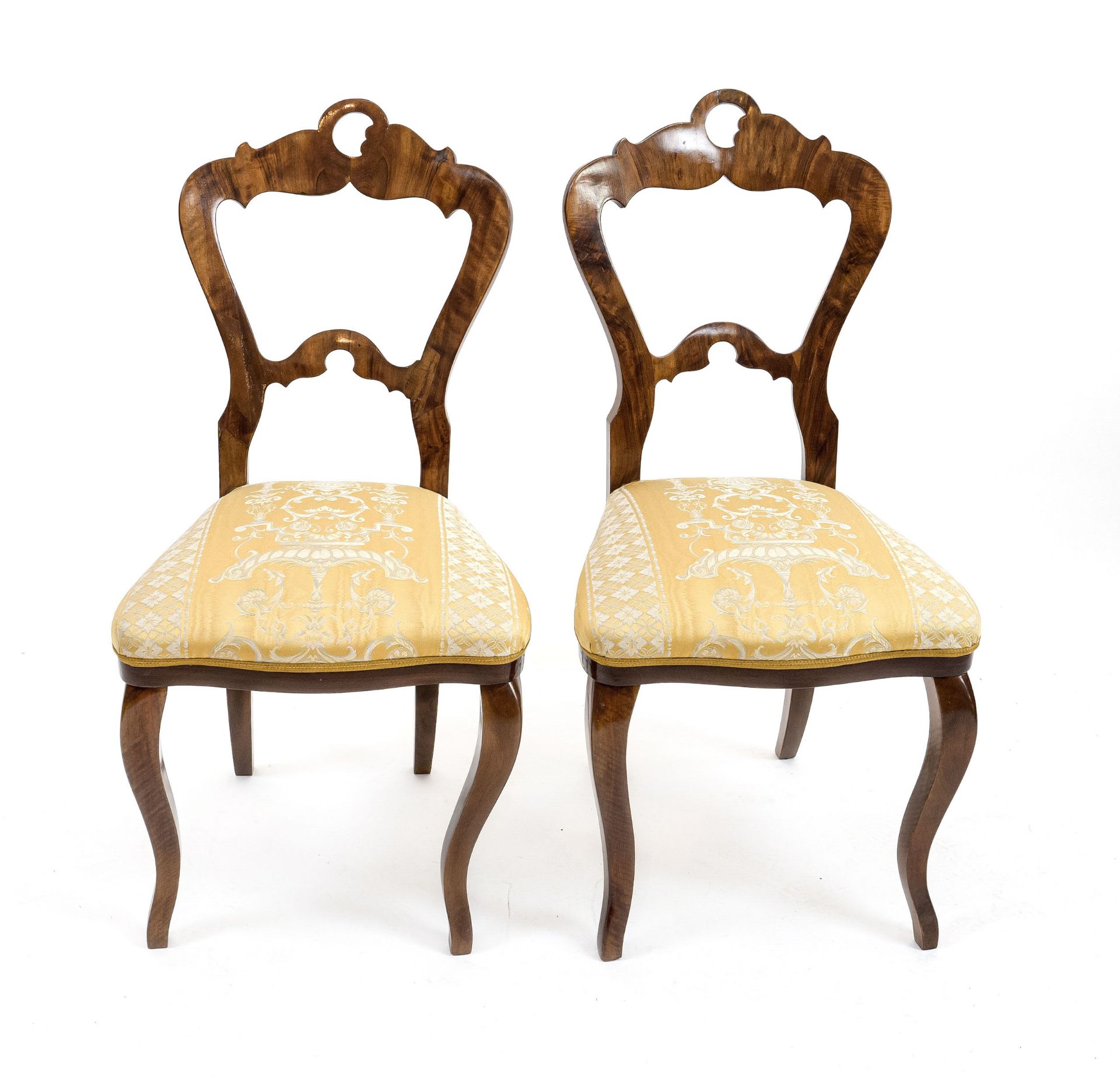 Pair of South German Biedermeier chairs, circa 1830, walnut, restored, polished, 92 x 46 x 43 cm -