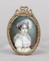 Miniature, 19th century, polychrome tempera painting on bone plate, unopened, oval portrait of a