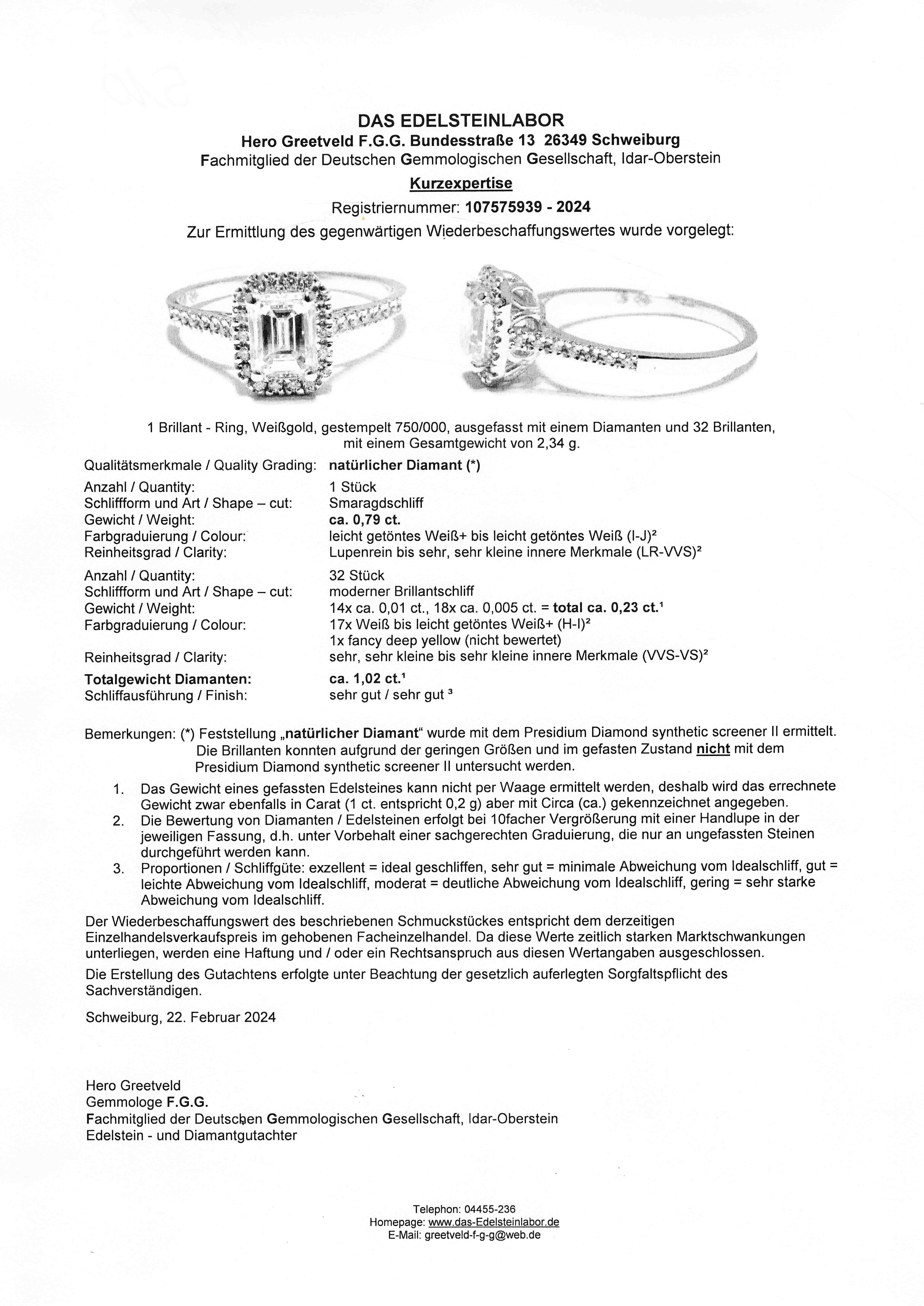 Diamond-Brilliant-Ring WG 750/000 with one emerald-cut diamond 0.79 ct slightly tinted white (I-J)/ - Image 2 of 2