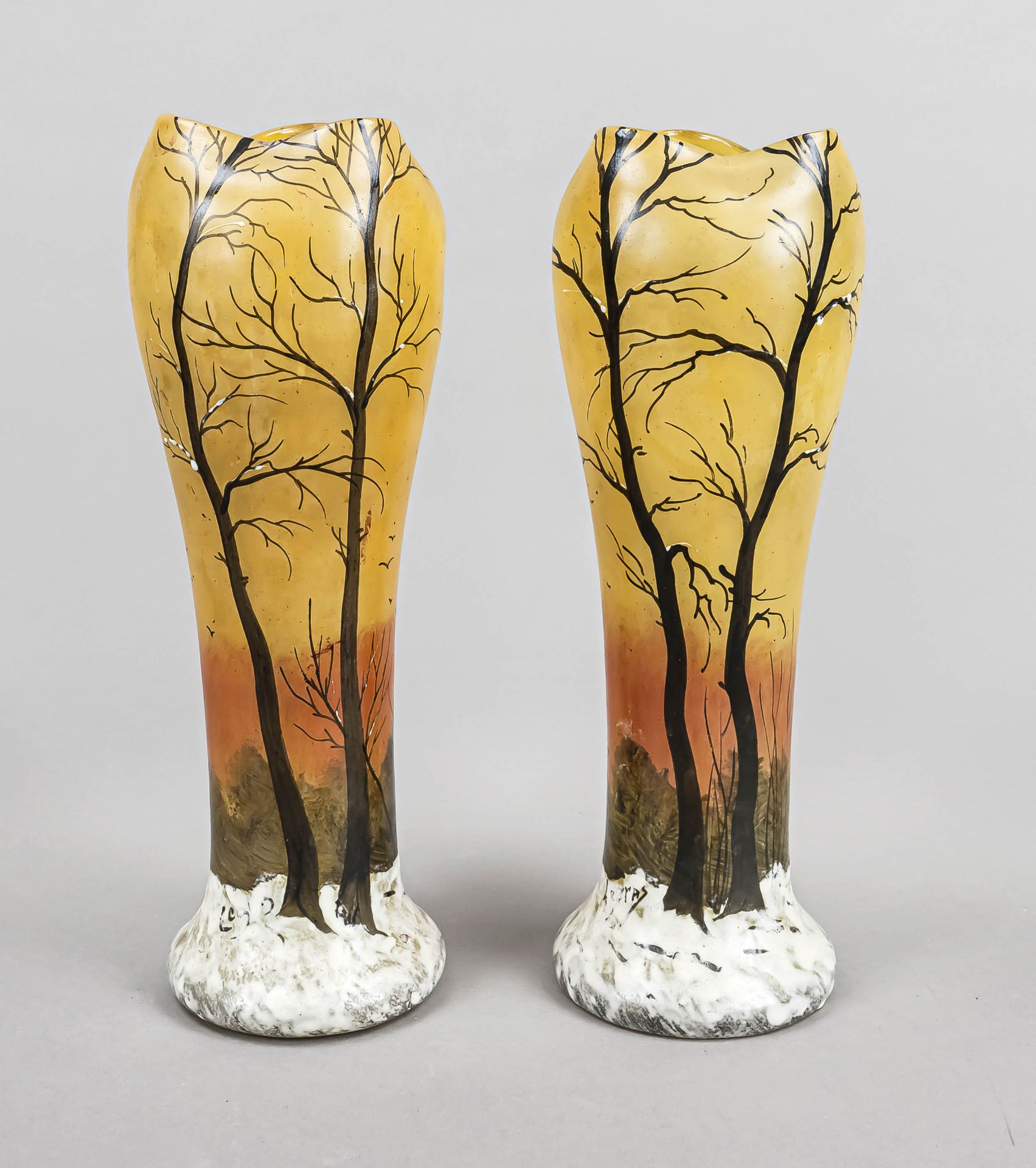 A pair of Art Nouveau vases, c. 1900, Legras & Cie, round base, conical body, 3-pass mouth rim,