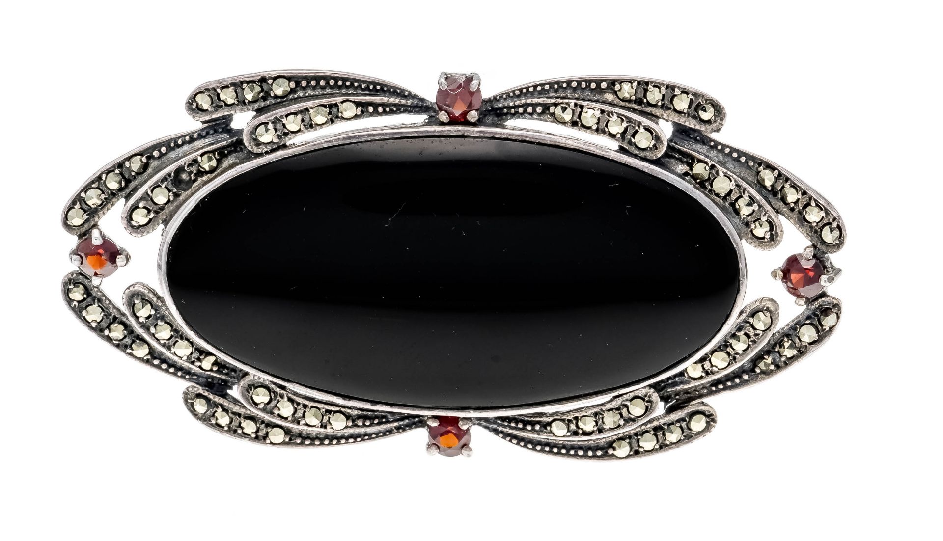 Onyx marcasite brooch silver 925/000 with an oval onyx plate 46 x 22 mm, marcasites, one stone