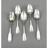 A lot of five spoons, German, 19th/20th century, silver 750/000 resp. 800/000, 2x marked F. Otto,