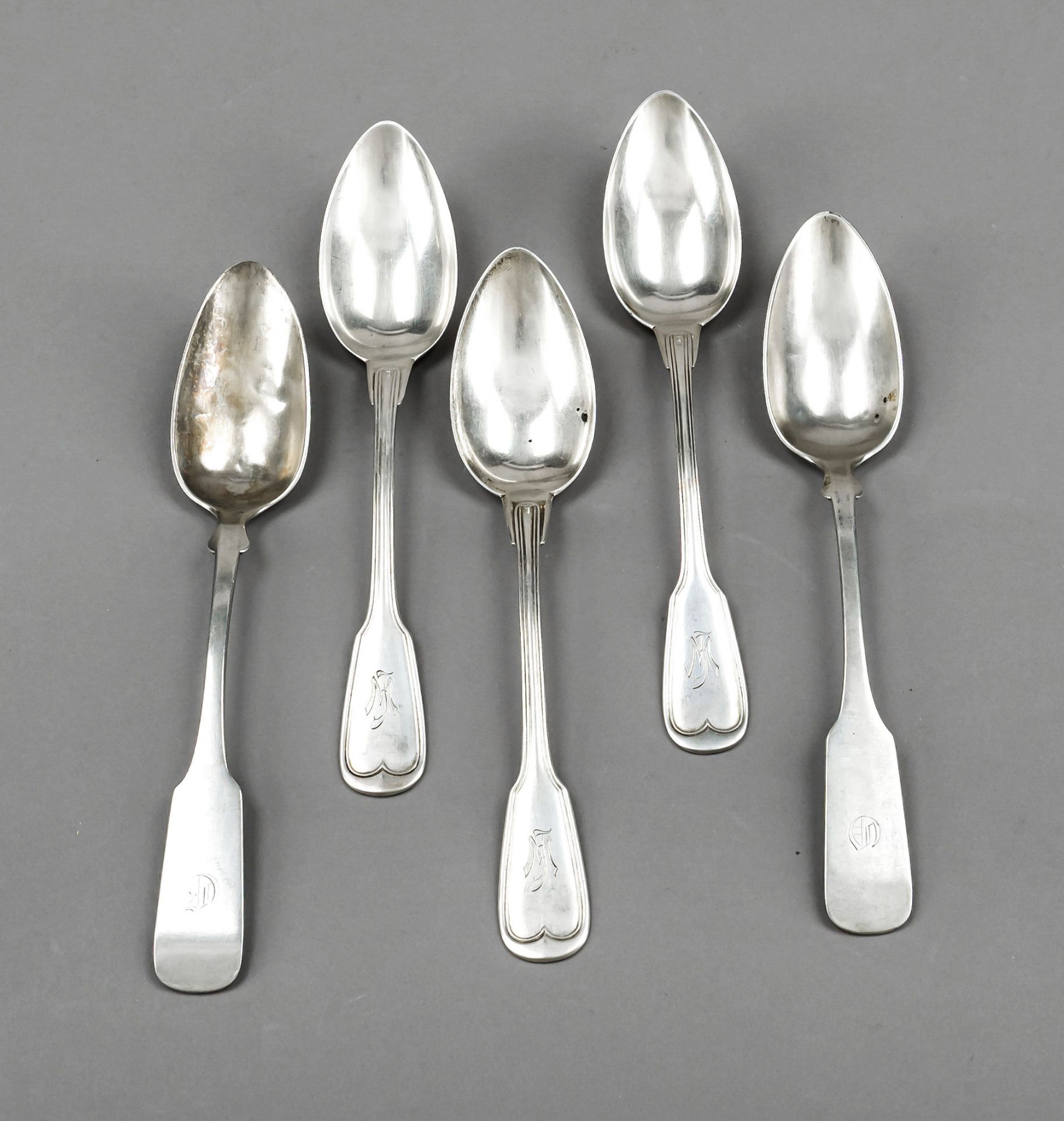 A lot of five spoons, German, 19th/20th century, silver 750/000 resp. 800/000, 2x marked F. Otto,