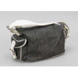 Bally, small vintage baguette bag, grayish fabric with white smooth leather details, silver-