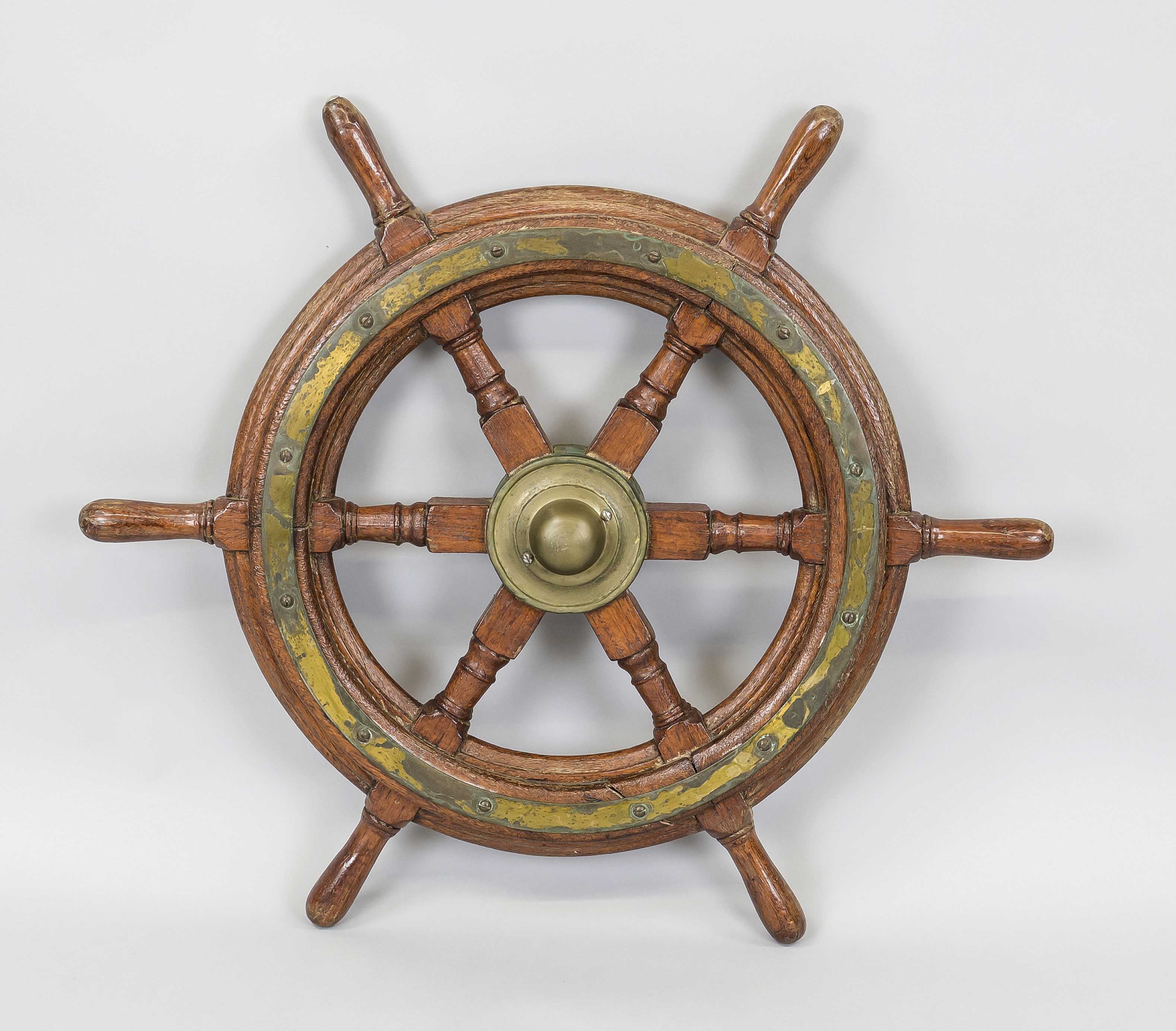 Ship's steering wheel, 19th/20th century, wood, brass. Classic form with 6 turned spokes, rubbed &