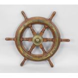 Ship's steering wheel, 19th/20th century, wood, brass. Classic form with 6 turned spokes, rubbed &