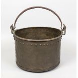 Large cauldron, 18th century, copper. Cylindrical form with studded belt, pivoting iron handle,