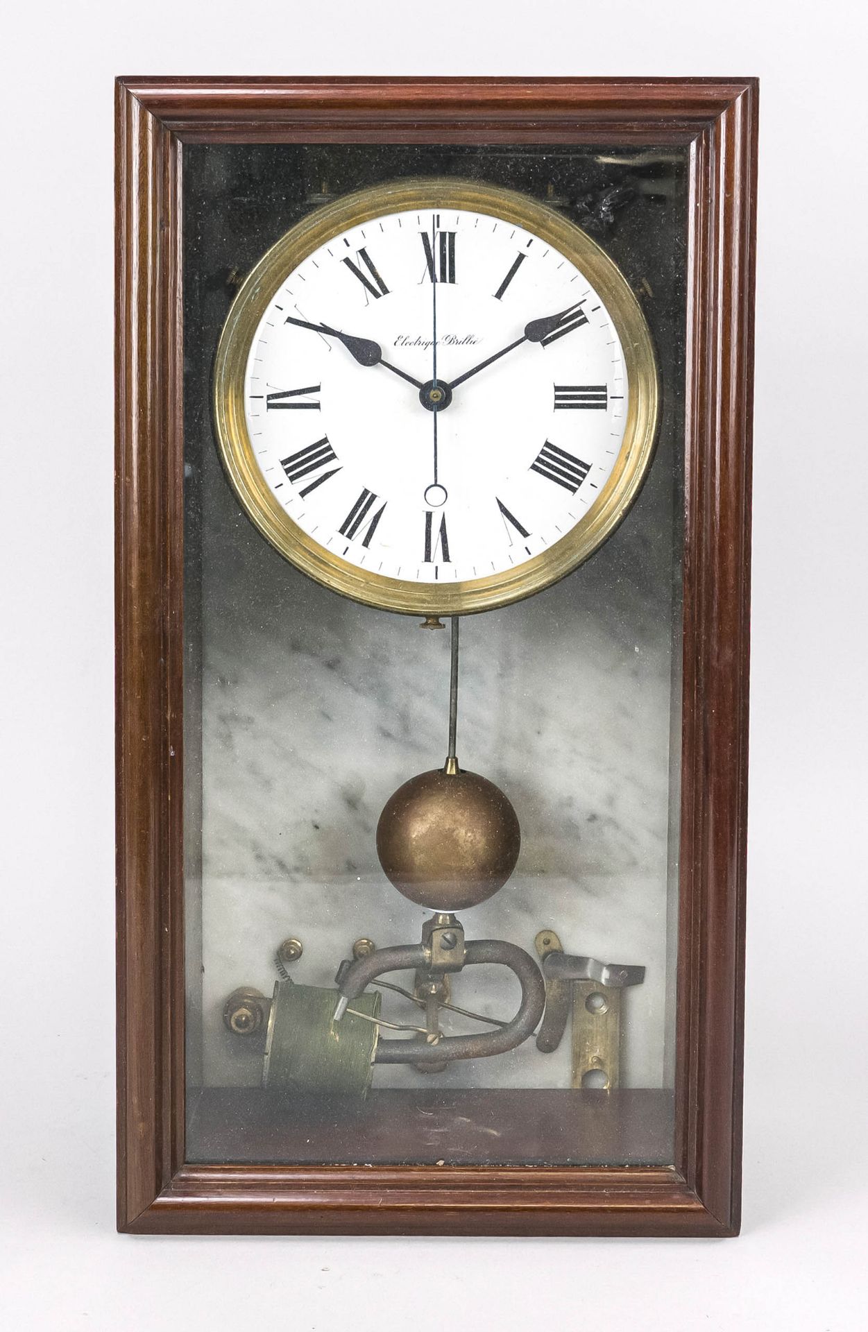 Electrique Brillie wall clock, in a glazed mahogany case, circa 1890, marble back with screwed