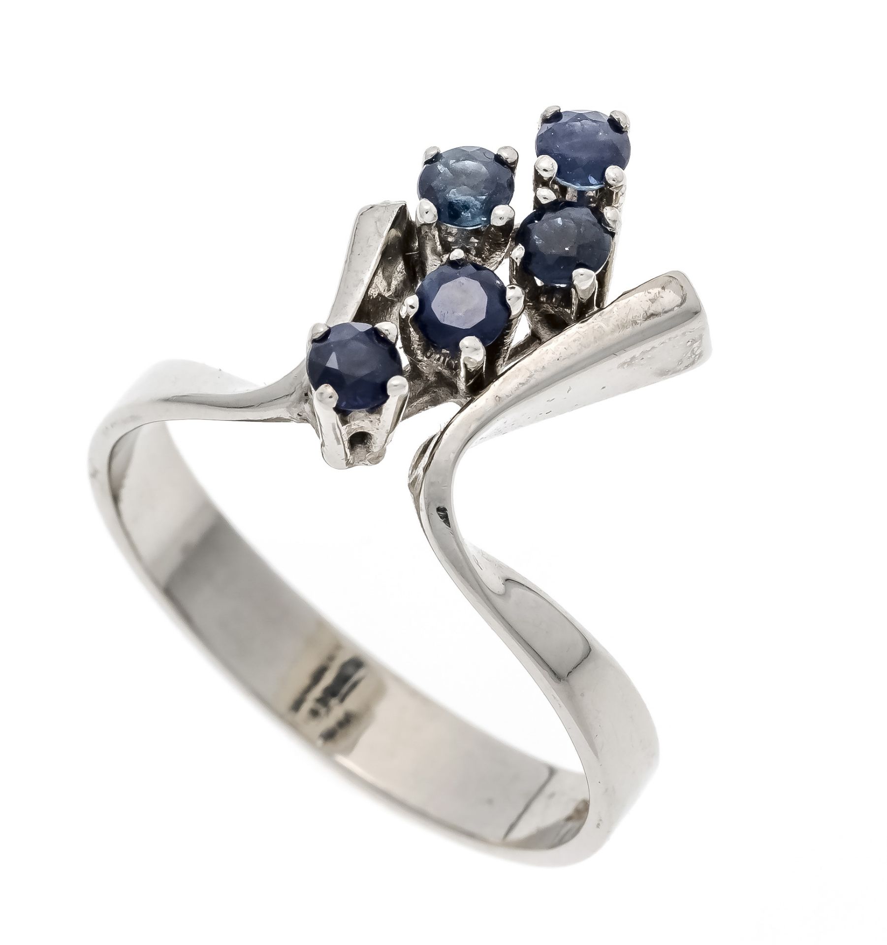 Sapphire ring WG 585/000 with 5 round faceted sapphires 2.8 mm blue, translucent, RG 55, 3.6 g