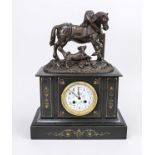 Black marble table clock, 2nd half 19th century, mounted horse with playing dog in cast white