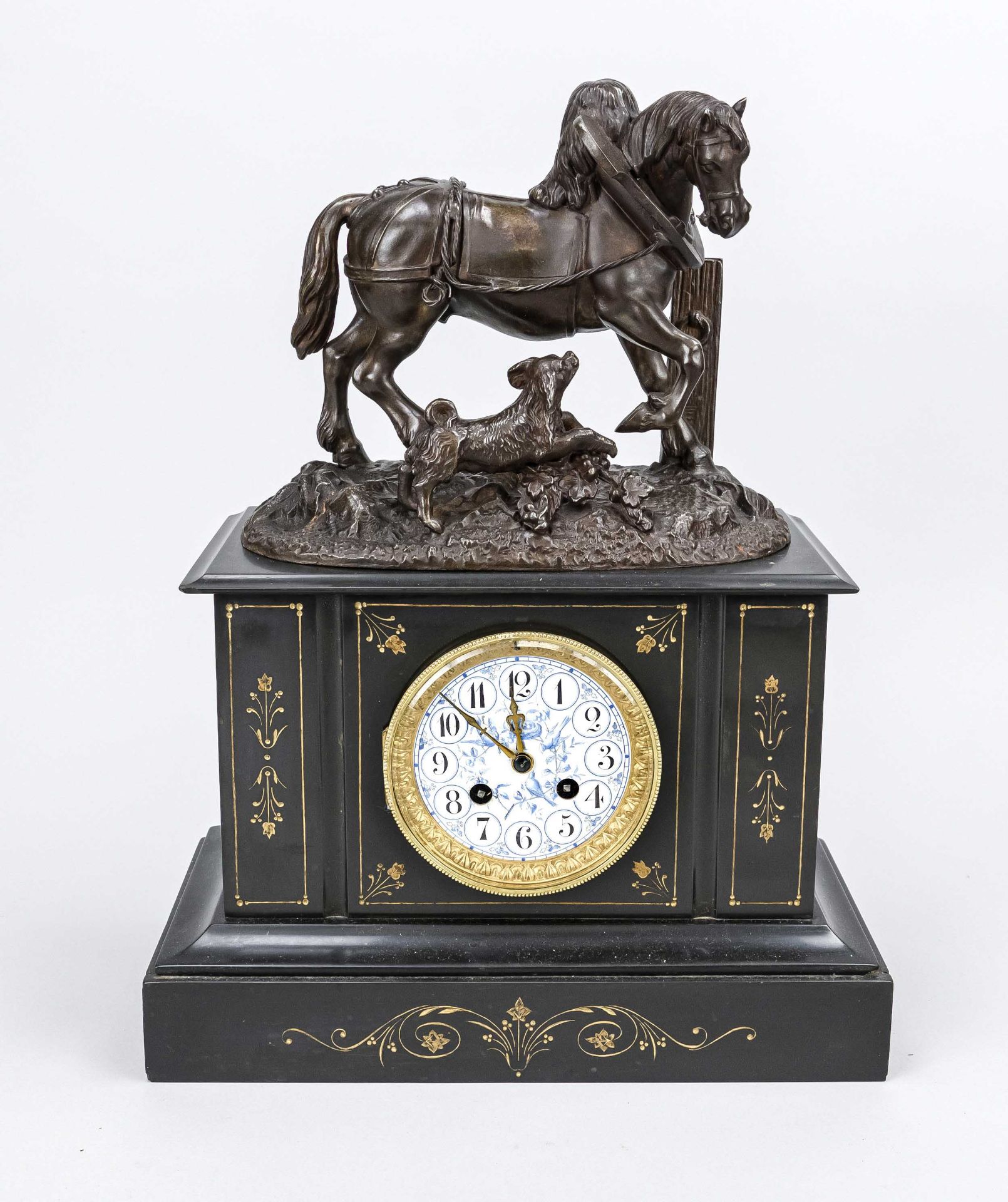 Black marble table clock, 2nd half 19th century, mounted horse with playing dog in cast white