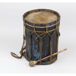 Old drum, 19th/20th century, wooden cylinder with animal skin covering on both sides with lacing,