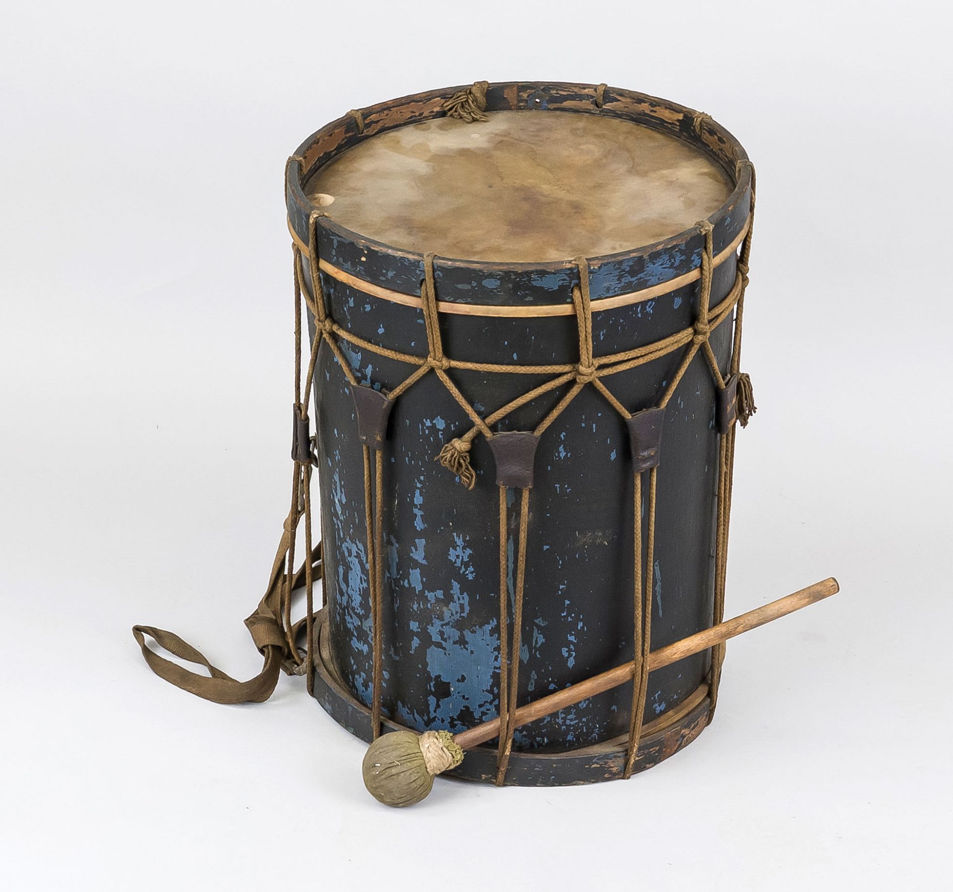 Old drum, 19th/20th century, wooden cylinder with animal skin covering on both sides with lacing,